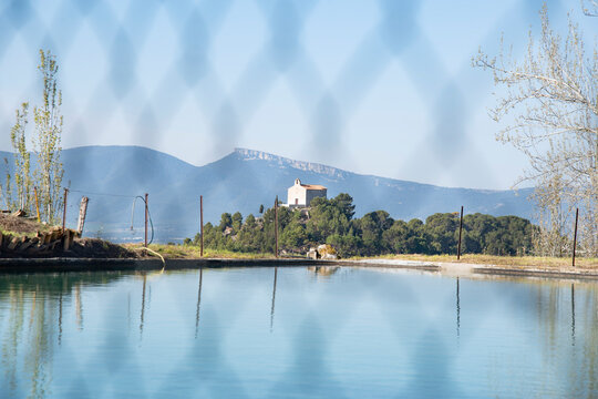 Panoramic view of the hermitage of Ibi, Alicante from the old laundry on the outskirts of the city with the view of the Sierra de Castalla in the background