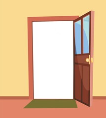 Opened door. Simple and flat style. Inside view from the room of the house. Yellow wall. Open. Cartoon cute fairy tale design. Image background. Vector