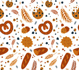 Watercolor pastry seamless pattern with illustration of bakery products in vintage cartoon doodle style isolated on white background. Cute breakfast collection bread, wheat, cookie, pretzel, baguette