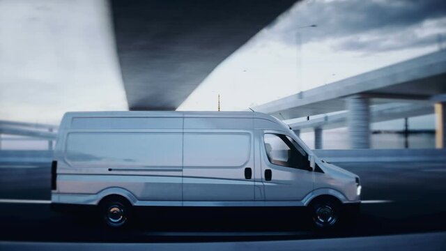 3d generic white delivery van on highway. Very fast driving. Delivery concept. Realistic 4k animation.