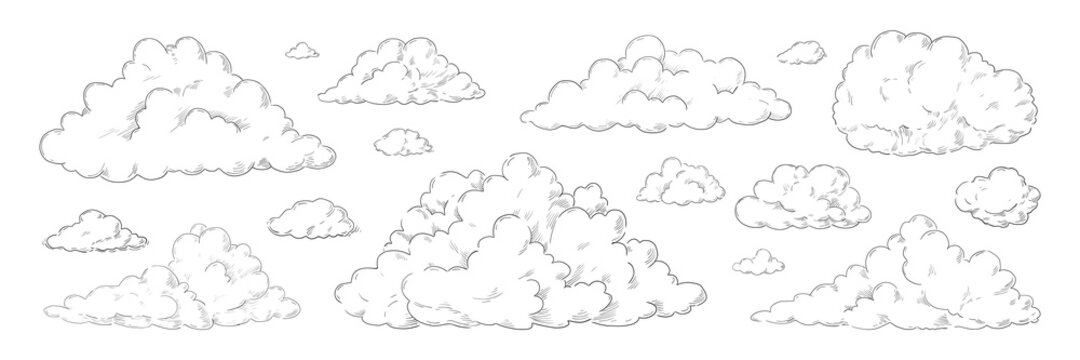 Hand drawn clouds. Vintage sketch of sky background. Retro pencil detailed drawing. Cloudy black and white atmosphere shapes. Freehand cloudscape elements. Vector heaven templates set