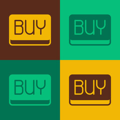 Pop art Buy button icon isolated on color background. Financial and stock investment market concept. Vector