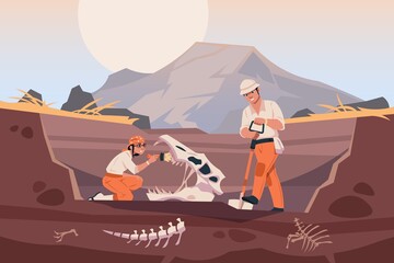 Paleontologist with fossil. Scientists working with ground excavation and prehistorical animal skeleton. People digging up dinosaur bones. Vector exploring and discovery illustration