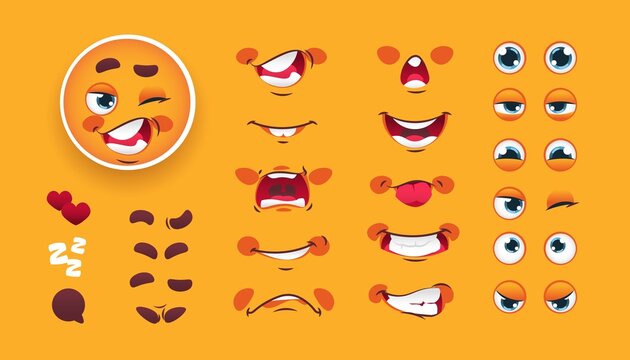 Emotion kit. Funny character with mouth, eyes and yellow face. Surprised or excited expressions. Angry and happy different emotion smileys collection. Vector cartoon facial elements set