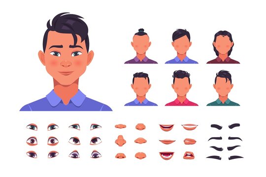 Male face constructor. Man character avatar kit with hair and face shapes. Eyes with eyebrows collection. Nose and lips mockup. Hairstyle creation. Vector cartoon facial elements set