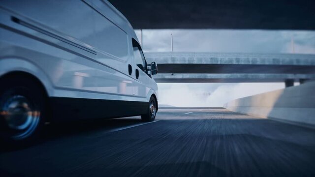 3d generic white delivery van on highway. Very fast driving. Delivery concept. Realistic 4k animation. - Powered by Adobe
