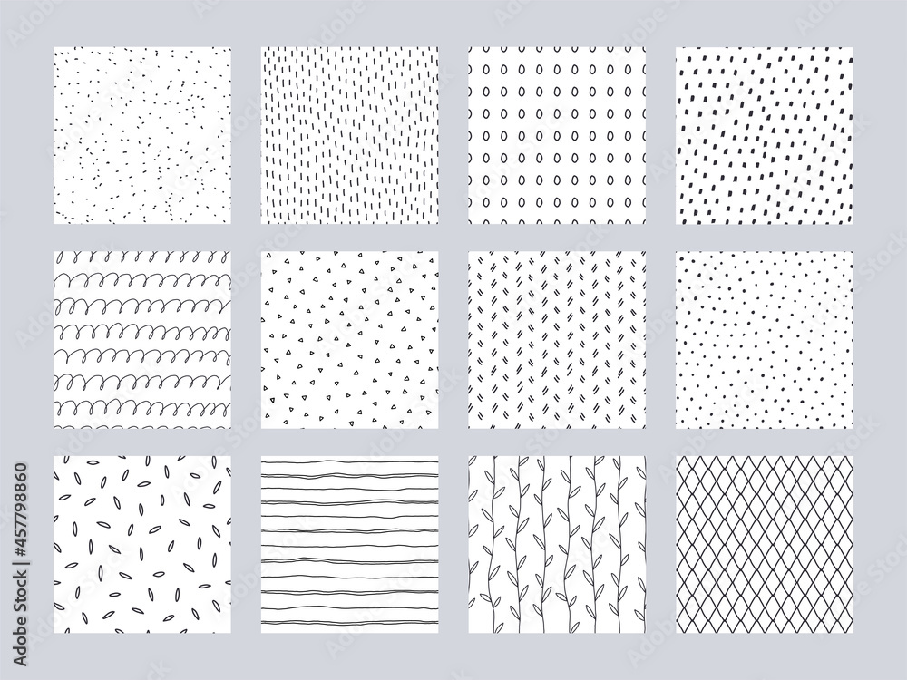 Aufkleber Hand drawn pattern. Seamless doodle prints with minimalistic sketch shapes. Decorative black and white backgrounds with strokes or lines. Simple rings and dots. Vector textures set