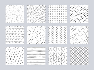 Hand drawn pattern. Seamless doodle prints with minimalistic sketch shapes. Decorative black and white backgrounds with strokes or lines. Simple rings and dots. Vector textures set