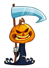 Grim reaper pumpkin head cartoon character with scythe. Halloween jack o lantern illustration design for party invitation or poster. Vector scarecrow