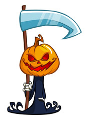 Grim reaper pumpkin head cartoon character with scythe. Halloween jack o lantern illustration design for party invitation or poster. Vector scarecrow