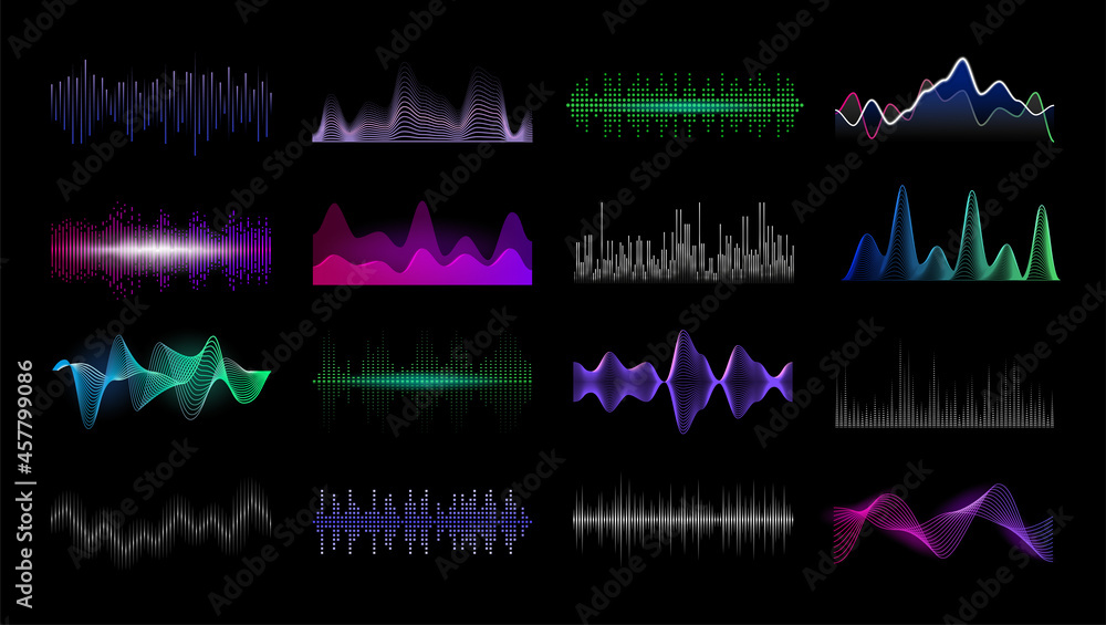 Poster Audio frequency. Sound waveform HUD interface templates. Soundwave spectrum and futuristic signal dynamic amplitudes. Musical player. Vector digital or analog record equipment UI mockup set