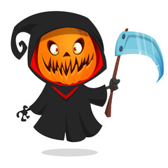 Obraz premium Grim reaper pumpkin head cartoon character with scythe. Halloween jack o lantern illustration design for party invitation or poster. Vector scarecrow