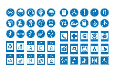 Mandatory sign. Safety and caution symbols on construction and factory. Hazard and prohibited icons. Isolated square and round signage mockup. Vector attention and danger stickers set