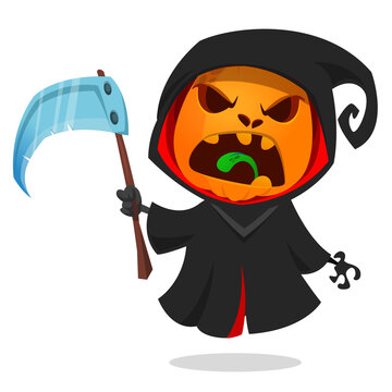 Grim reaper pumpkin head cartoon character with scythe. Halloween jack o lantern illustration design for party invitation or poster. Vector scarecrow