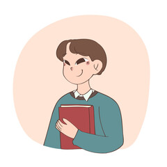 Boy student holding book in his hand. Educational concept hand drawn vector illustration