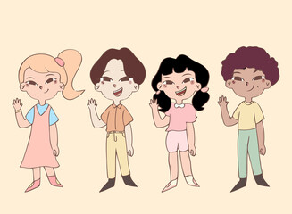 Cute children raise their hand and smiles. Hand drawn vector illustration
