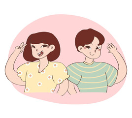 A boy and a girl smiling and showing peace sign with two finger hand drawn vector illustration