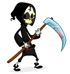 Obraz premium Grim reaper cartoon character with scythe. Halloween skeleton design for party invitation or poster. Vector isolated
