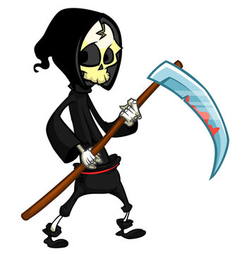 Grim reaper cartoon character with scythe. Halloween skeleton design for party invitation or poster. Vector isolated