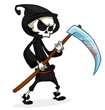 Grim reaper cartoon character with scythe. Halloween skeleton design for party invitation or poster. Vector isolated