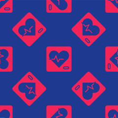 Red Heart rate icon isolated seamless pattern on blue background. Heartbeat sign. Heart pulse icon. Cardiogram icon. Vector