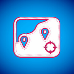 White Location fishing icon isolated on blue background. Fishing place. Vector