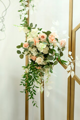 Beautiful floral compositions in the restaurant for the wedding ceremony