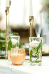 Beautiful floral compositions in the restaurant for the wedding ceremony