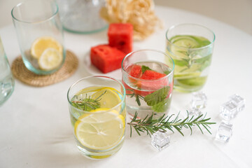 Detox and be healthy with infused water from organic fruit and berry.  Copy space photo for the concept of healthy, food dietary, eating and drinking for mindful.