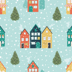 Winter cityscape concept. Seamless Christmas pattern with a blue background for trendy fabrics, decorative pillows, wrapping festive paper. 