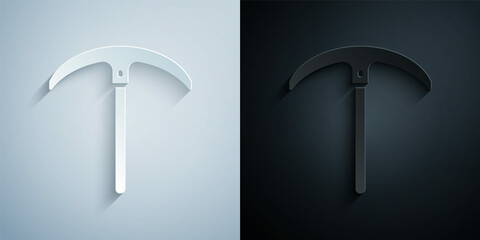Paper cut Pickaxe icon isolated on grey and black background. Paper art style. Vector