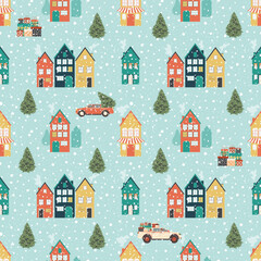 Winter cityscape concept. Seamless Christmas pattern with a blue background for trendy fabrics, decorative pillows, wrapping festive paper.