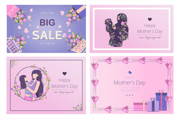 Card for the international mother s day Vector illustration for March 8 with flowers and greetings. Banner with the number 8 and text. A woman holds a little girl in her arms, mother and daughter