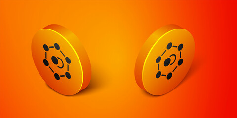 Isometric Molecule icon isolated on orange background. Structure of molecules in chemistry, science teachers innovative educational poster. Orange circle button. Vector