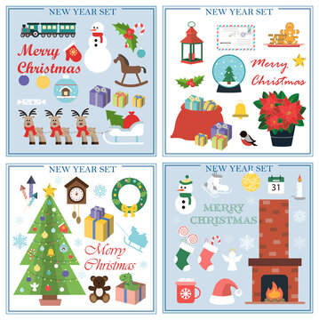 A set of flat illustrations for new year and Christmas. Vector set of isolated images with a fireplace, Christmas socks, snowman, gifts, snowflakes, skates, toys, a Cup of cocoa. Bright objects for a