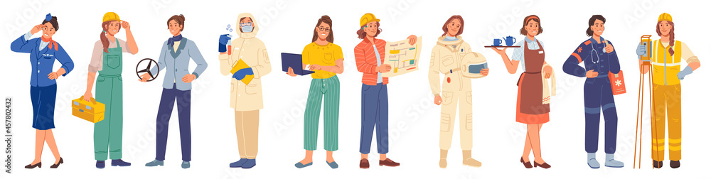 Poster woman occupations and professions isolated people set. vector road worker, astronaut and programmer.