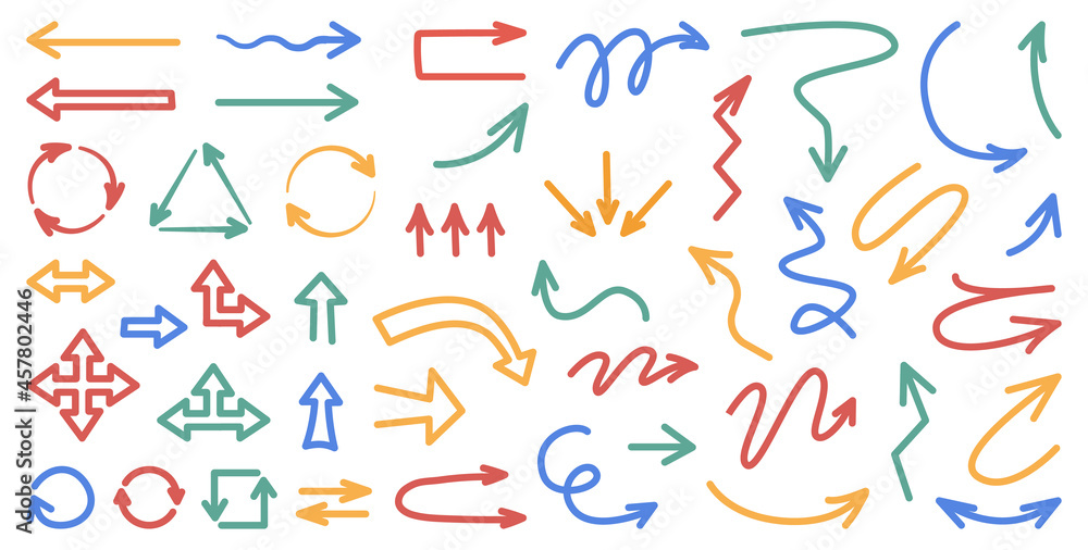 Aufkleber Way orientation signs isolated pointers and color arrows flat cartoon icons. Vector arrowhead different computer pictogram, reload and refresh signs. Bold circle repeating direction navigation cursors