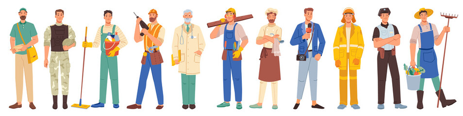 Workers professions isolated flat cartoon people set. Vector policeman, firefighter, builder and cook, doctor and farmer, journalist and military, postman, cleaner. Different occupations, man workers