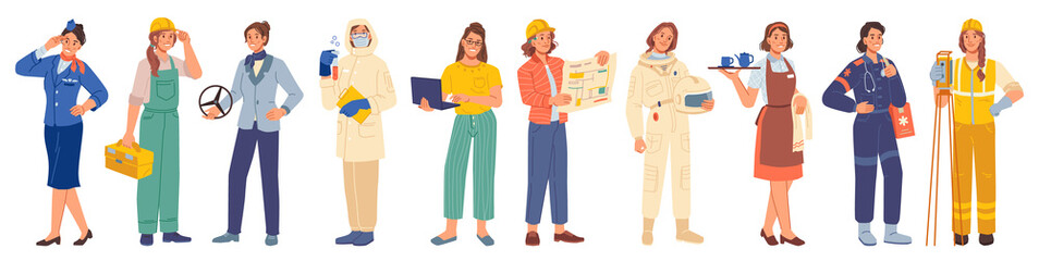Woman occupations and professions isolated people set. Vector road worker, astronaut and programmer. Driver and ambulance doctor. Pilot, engineer, repairman and waiter, laboratory assistant scientist