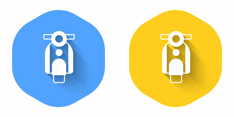White Scooter icon isolated with long shadow background. Circle button. Vector