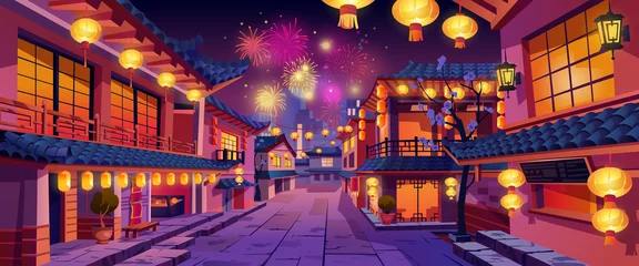 Foto auf Acrylglas Kürzen CNY-Feiertagsfeier, chinesisches Neujahrspanorama bei Nacht. Vektorhäuser mit Lichtern, Laternen und Girlanden, Feuerwerk im Hintergrund. Festlich geschmückte Straße, Stadtgebäude in Chinatown