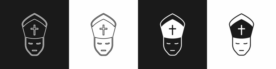 Fototapeta na wymiar Set Pope icon isolated on black and white background. Pope hat. Holy father. Vector
