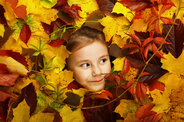Artistic conceptual autumn girl portrait. Colorful leaves. Leaves of trees around an emotional...
