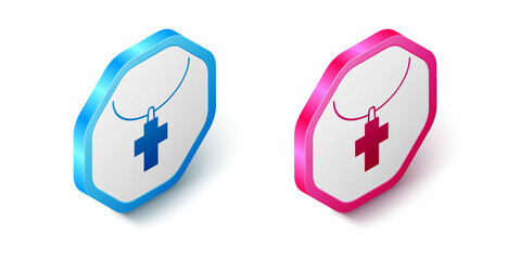 Isometric Christian cross on chain icon isolated on white background. Church cross. Hexagon button. Vector