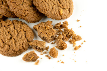 Delicious tasty snack of brown cookies with peanut isolated on white background
