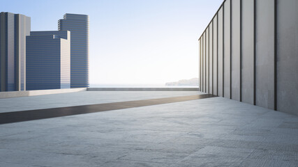 Empty concrete floor and gray wall. 3d rendering of sea view plaza with clear sky background. © MIRROR IMAGE STUDIO