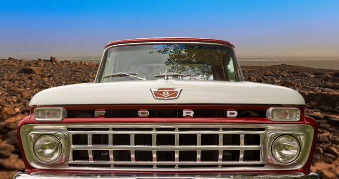 Ford F100 custom cab shortbed composite on gravel on a pateau, car location Sch&ouml;ningen, Germany, September 12, 2021