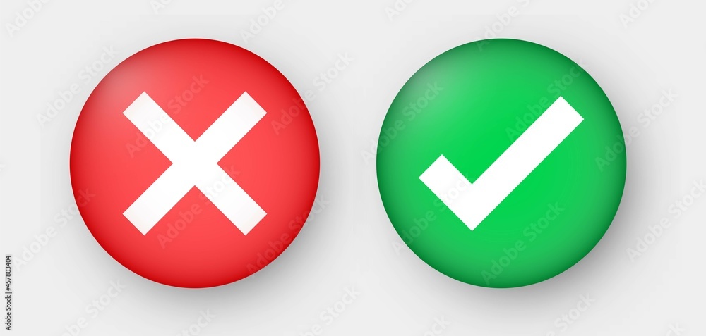 Poster green check mark, red cross mark icon set in 3d style. vector yes and no check marks button.