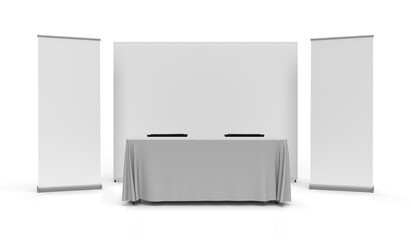 Exhibition Wall Banner Cloth Displays with two pull up banners, a table cloth runner over a trestle table and two directors chairs. 3D Rendered Illustration Front View for mockups and illustrations