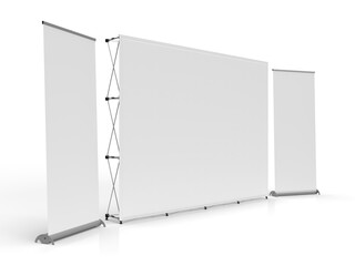 Exhibition Wall Banner Cloth Display with a pullup banner on either side. 3D Rendered Illustration Side Perspective View for mockups and illustrations